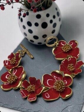 Matte Gold Plated Chunky Red Enamel Flower Toggle Bracelet